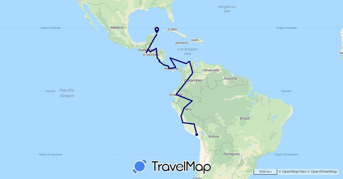 TravelMap itinerary: driving in Colombia, Costa Rica, Ecuador, Guatemala, Honduras, Mexico, Nicaragua, Panama, Peru (North America, South America)